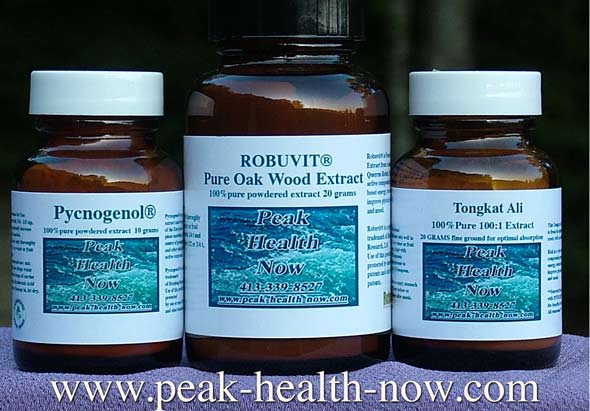 Tongkat Ali 100:1 Extract, Robuvit® Oak Wood Extract, and Pycnogenol® French Maritime Pine Bark Extract powders package